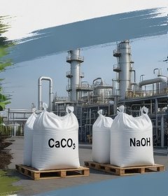 Мешки с химическим сырьём CaCO3 и NaOH на заводе